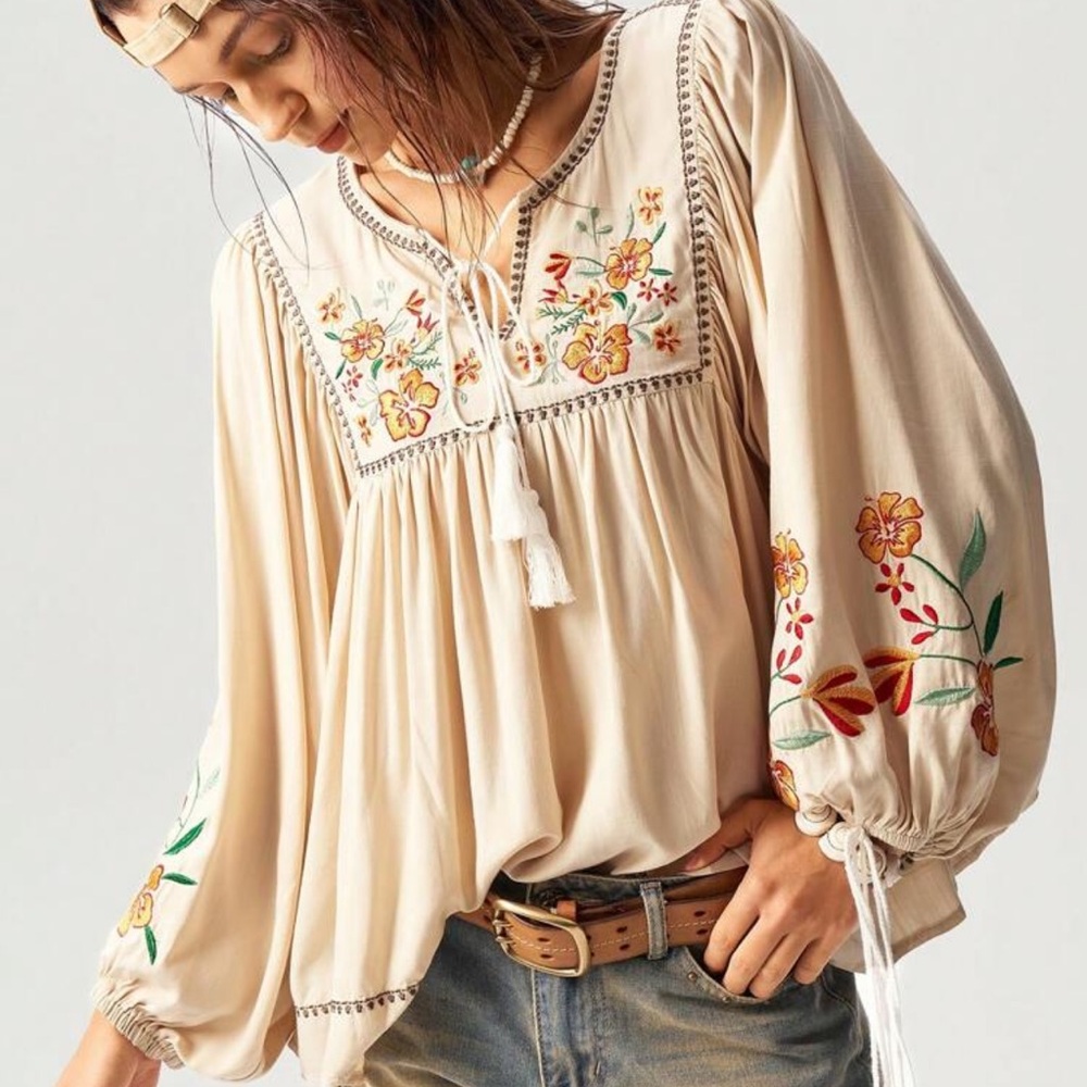 Bohemian Cream Embroidered Tie Blouse S M L XL